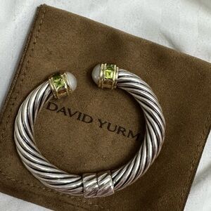 David Yurman Silver and Gold Cable Bracelet with Green Accents